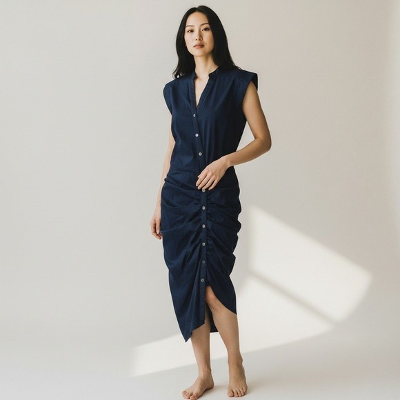 Veronica Beard Size 6 NAVY BLUE RUCHED BUTTON UP SHIRT DRESS SIZE M $450 - Picture 9 of 9